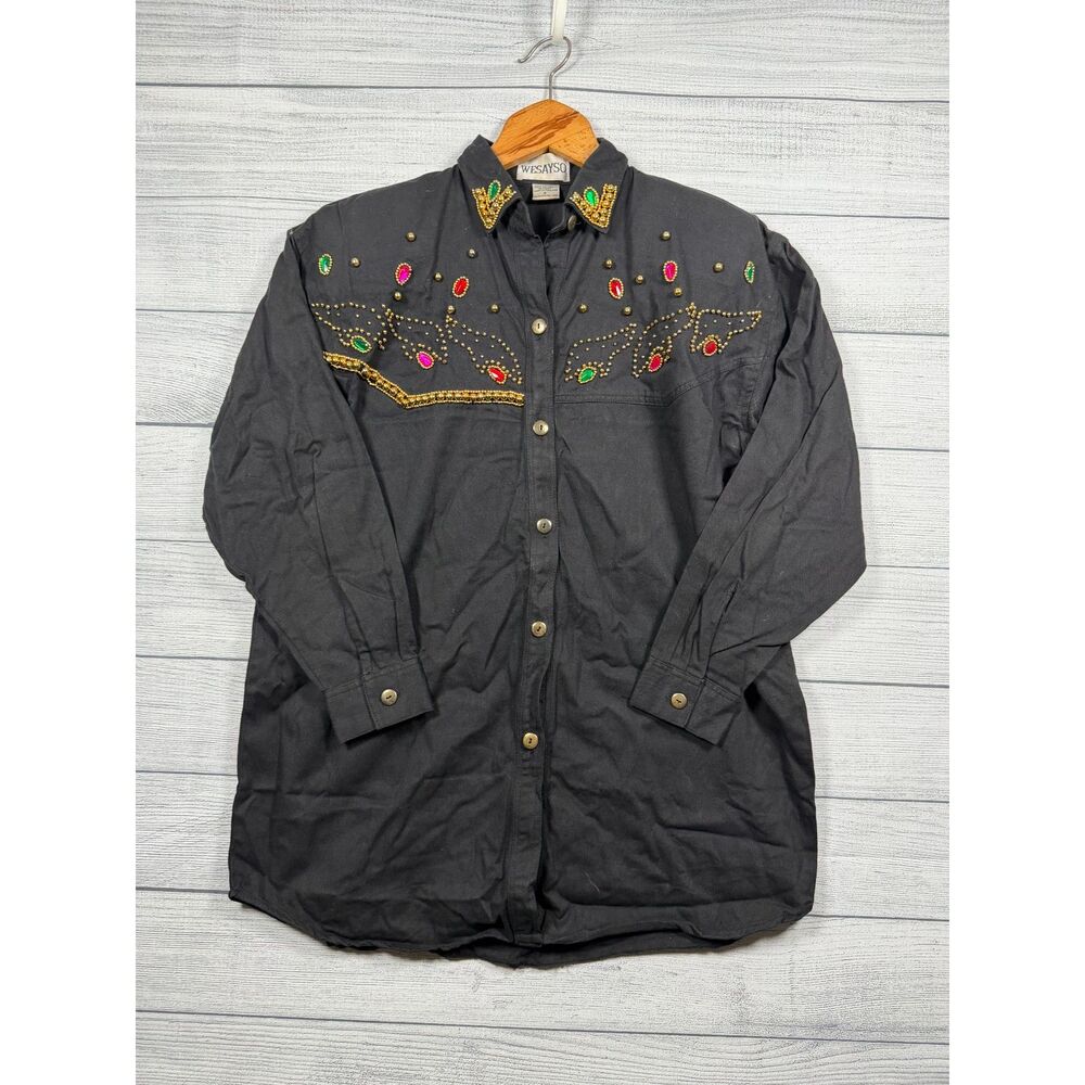 Vintage WESAYSO Women's Small Black Cotton Jeweled Beaded Western Shirt 1279